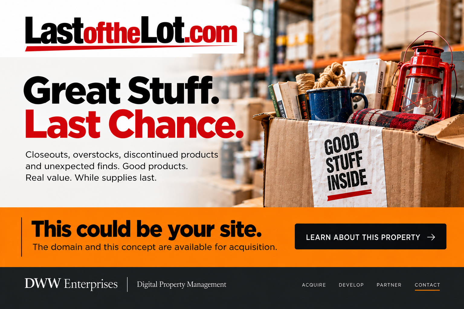 LastoftheLot.com concept: Great Stuff. Last Chance. Closeouts, overstocks, discontinued products and unexpected finds.